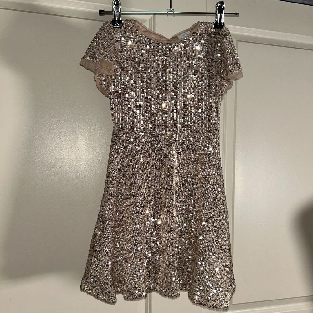 Zara Girls Sz 6 Sequin Dress Gold Champagne Sparkle Short Sleeve Party Holiday